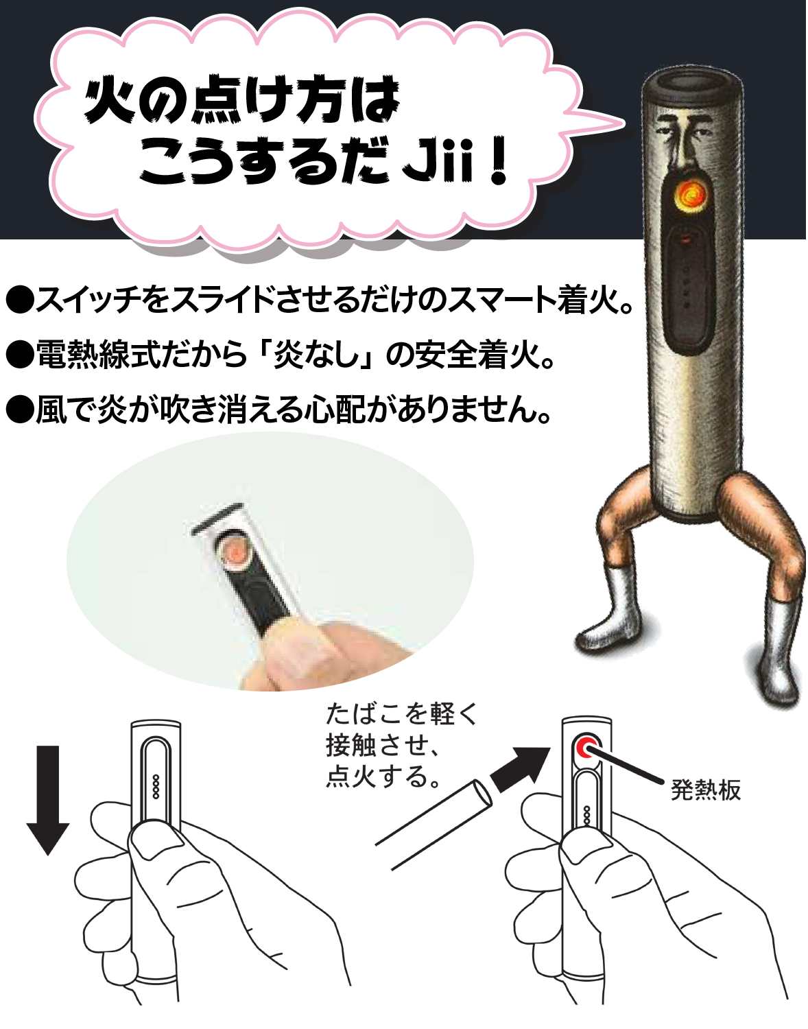 日の付け方はこうするだJii！・スイッチをスライドさせるだけのスマート着火。・電熱線式だから「炎なし」の安全着火。・風で炎が吹き消える心配がありません。